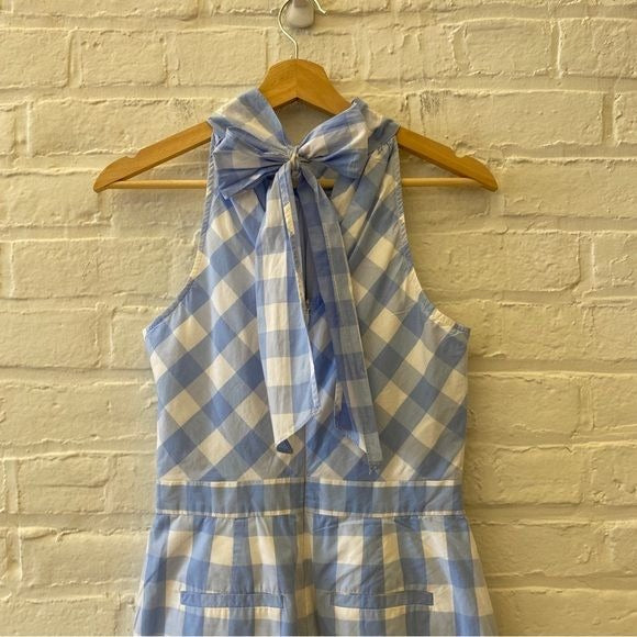 J. Crew || Gingham High-neck Wide Crop Leg Jumpsuit in Cotton Poplin Blue 2