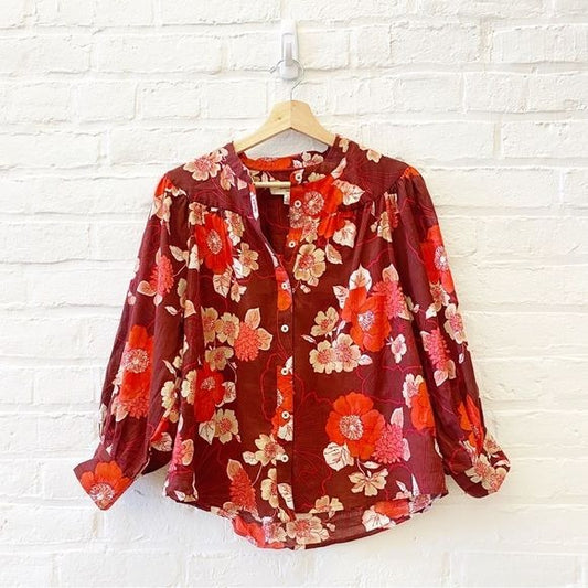 Anthropologie || Porridge Floral Puff Sleeve Button Down Red Medium