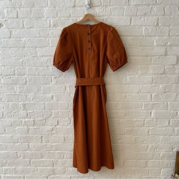 Madewell || Seersucker Belted Midi Dress Orange Large NWT