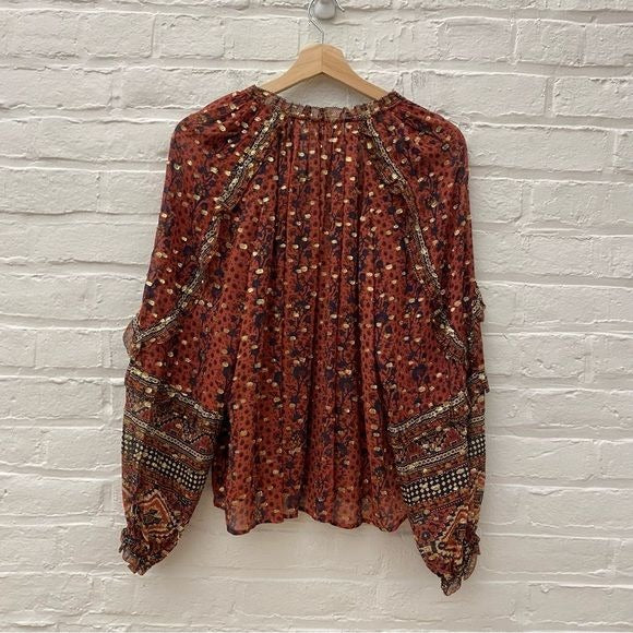 Ulla Johnson || Calista Blouse in Brick Silk Floral Red Orange Gold Ruffle Top 8