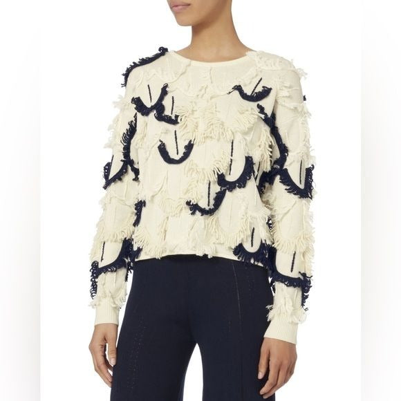 Tabula Rasa || Mali Scallop Fringe Knit Sweater Alpaca Blend Ivory Navy XS