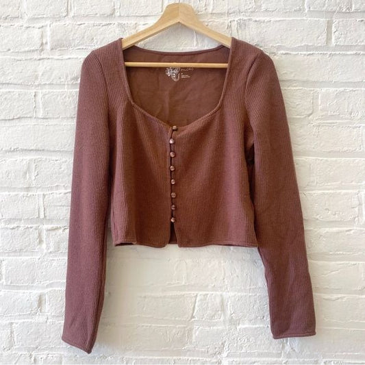 Anthropologie || Pilcro Square Neck Cropped Cardigan Ribbed Brown Medium