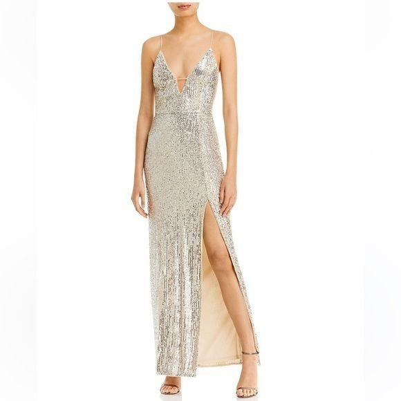 Aidan by Aidan Mattox || Sequined Column Gown Plunge Slit Gold Champagne 6