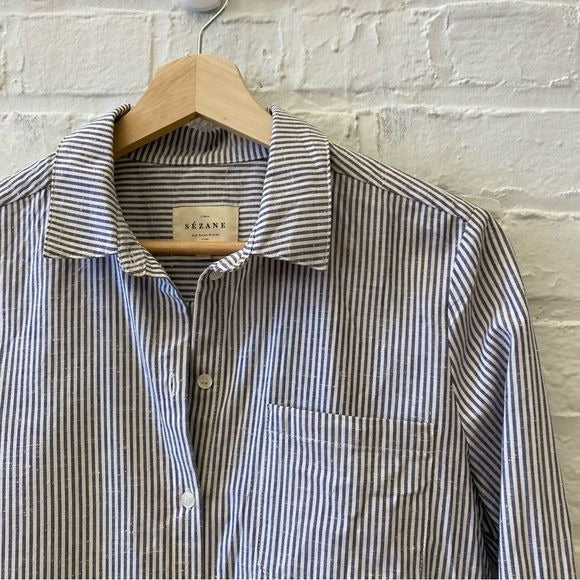 Sezane || Tomboy Shirt Ecru Blue Stripe 36 US 4