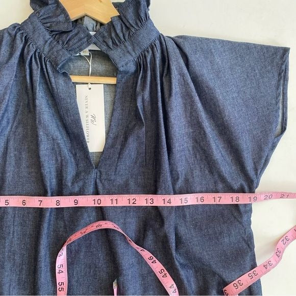 Never a Wallflower || Vicki Top Dark Denim Chambray Blue High Ruffle Neck XS NWT