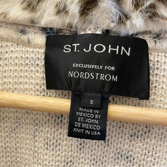 St. John || Snow Leopard Cardigan Sweater Detachable Fur Collar Cream Small