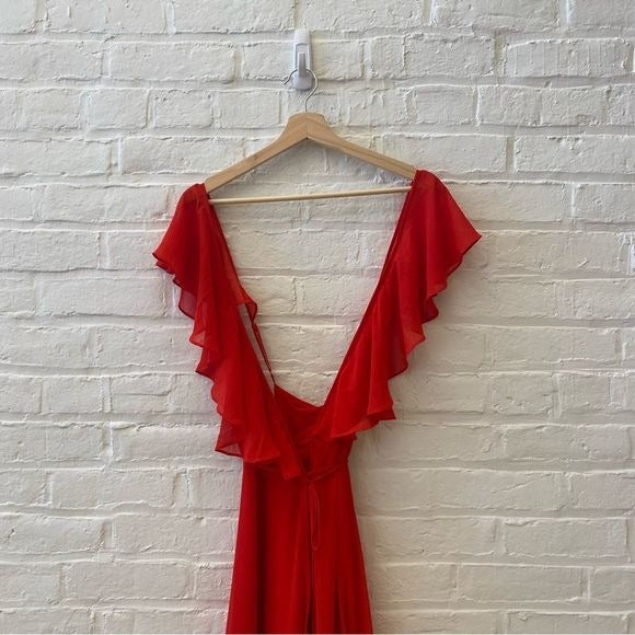 Anthropologie || Yumi Kim Bouquet Wrap Ruffle Midi Dress Backless Red Small