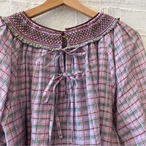 Leur Logette || Smocked Yoke + Cuff Checked Blouse Silk Blend Purple