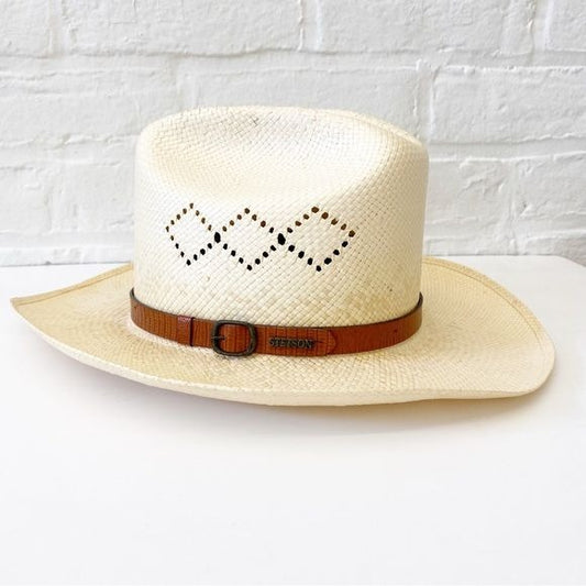 Stetson || Straw Cowboy Hat Leather Band Vented Natchez Style Natural 6 7/8