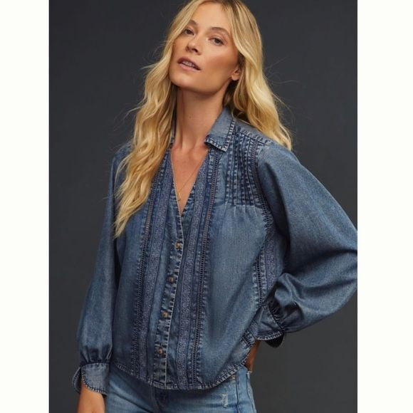 Anthropologie || Pilcro Pintuck Peasant Blouse Blue XS