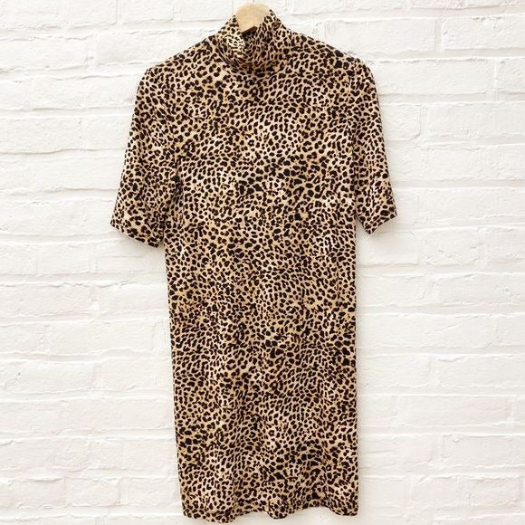 Enza Costa || Leopard-Print Stretch Jersey Turtleneck Mini Dress Tan