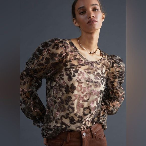 Anthropologie || Eva Franco Sheer Leopard Top Metallic Brown Copper Medium