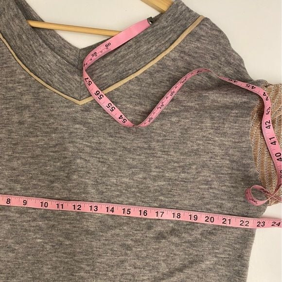 THML || Balloon Sleeve V-neck Sweater Mixed Media Velour Gray Pink XS