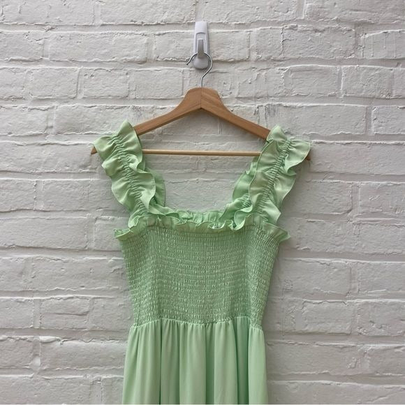 Amanda Uprichard || Adelene Midi Dress Smock Ruffle in Hypermint Light Green S