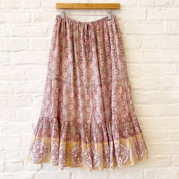 Bell by Alicia Bell || Block Printed Midi Maxi Skirt Pink Small