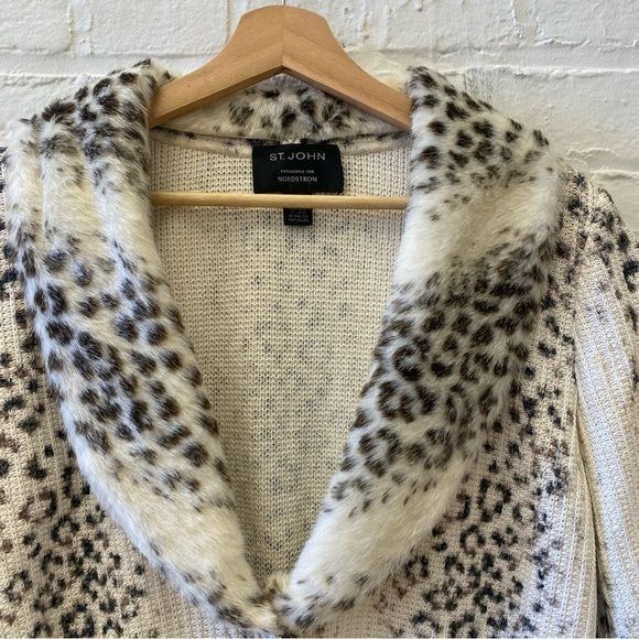 St. John || Snow Leopard Cardigan Sweater Detachable Fur Collar Cream Small