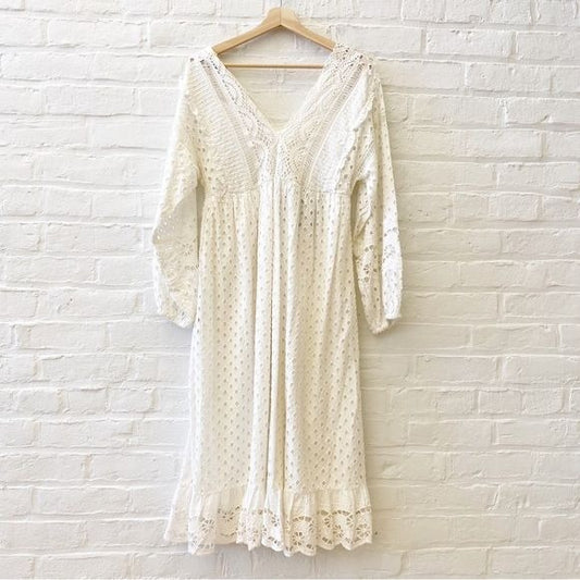 Anthropologie || Forever That Girl Lace Midi Dress Eyelet White Silver XS NWT