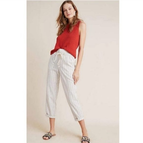 Anthropologie || Seashore Striped Pants Belted Linen Cream Blue XL