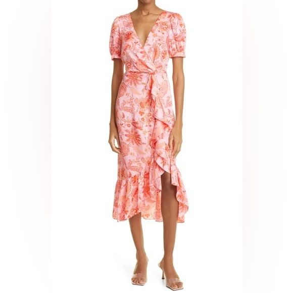 Cinq a Sept || Kay Ruffle Midi Dress English Rose Pink Orange Floral 4 NWT