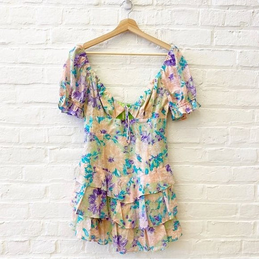 Sweet Pot the Label || Ruffle Tiered Mini Dress Keyhole Romper Floral US 6 NWT