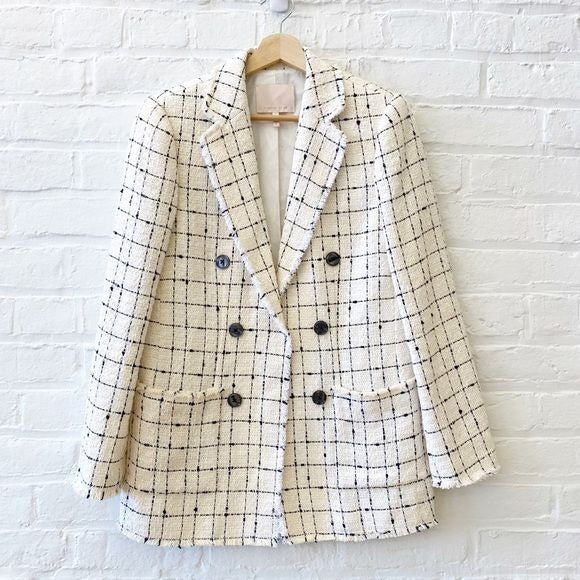 Rebecca Taylor || Tweed Plaid Check Fringe Blazer Double Breasted Cream Black 8