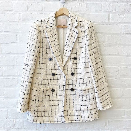 Rebecca Taylor || Tweed Plaid Check Fringe Blazer Double Breasted Cream Black 8