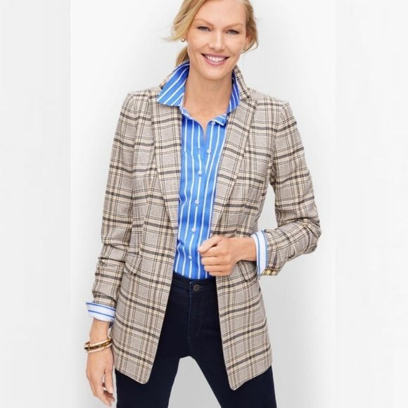 Talbots || Long Single Button Blazer in Foliage Plaid Cream Tan 12