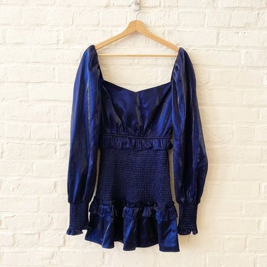 Lovers + Friends Revolve || Marissa Smocked Mini Dress Long Sleeve Navy Blue XS