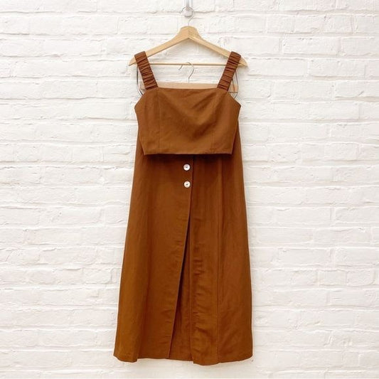 Zara || Linen Blend Two Piece Crop Midi Skirt Set Buttons Slit Brown Small NWT