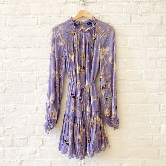 Banana Republic || Belted Long Sleeve Mini Dress Bird Floral Print Purple XS