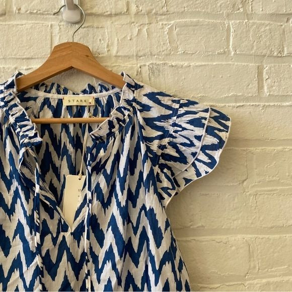 Stark X || Dreamy Top Blouse Chevron Cotton Poplin Ruffle Blue White Small NWT