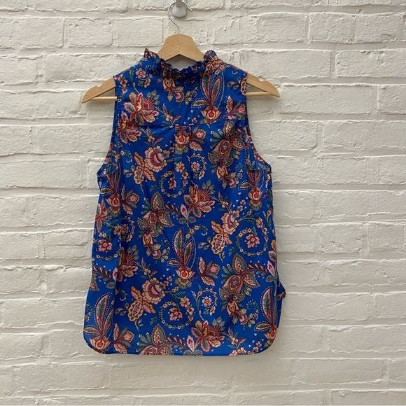 J. Crew || Liberty London Belle Flora Ruffle Neck Sleeveless Blouse Top Blue 6