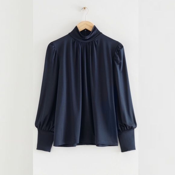 & Other Stories || Draped Mock Neck Top in Stretch Jersey Navy Medium