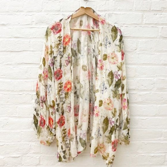 Anthropologie || Marie Shimmer Kimono Floral Metallic Cream Pink OS