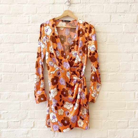 Zara || Floral Satin Faux Wrap Mini Dress Long Sleeve Orange Purple XS