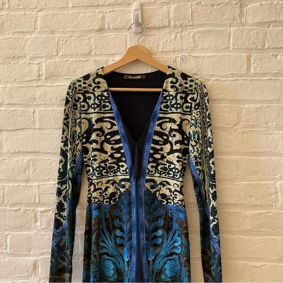 Roberto Cavalli || Long-Sleeve Mixed-Print Gown Blue Black IT 40 US 4