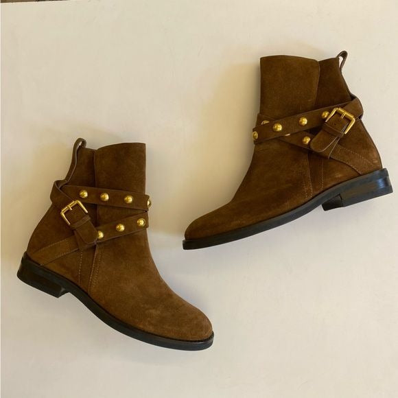 See by Chloé || Suede Studded Neo Janis Flat Moto Boots Boho Brown Gold 38