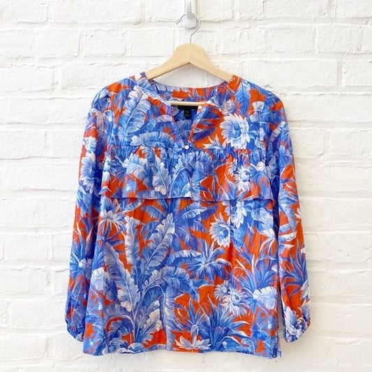 J. Crew || Long Sleeve Ruffle Top in Ratti Rio Palm Floral Red + Blue XS