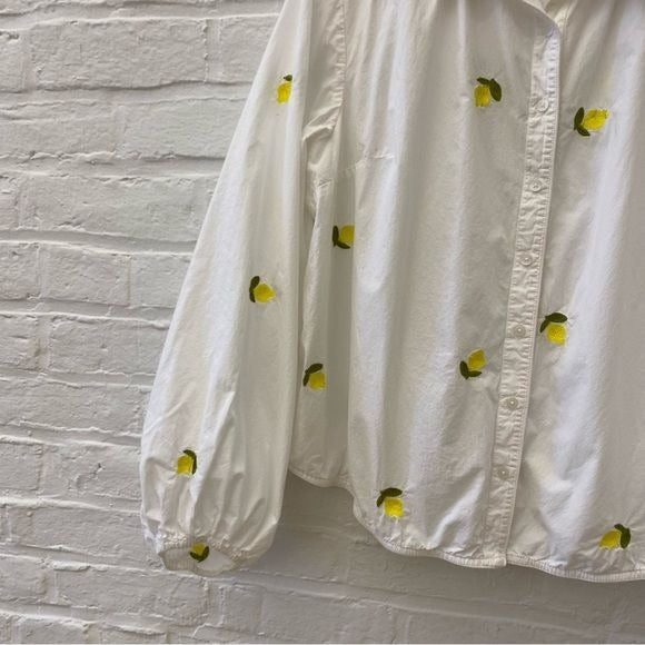 Anthropologie || Maeve Embroidered Button Down Short Buttondown Lemons White XL