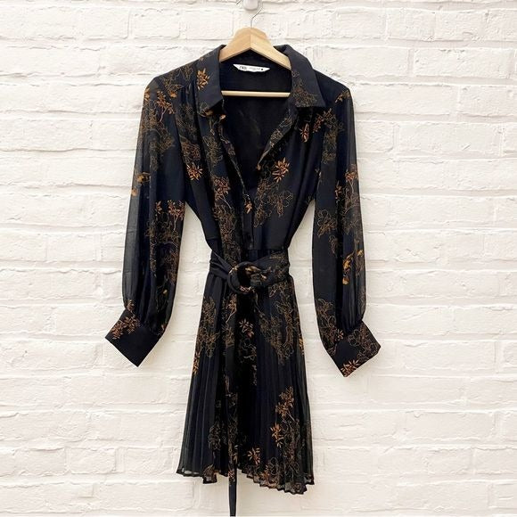 Zara || Koi Floral Print Belted Dress Pleated Mini Dress Long Sleeve Black M