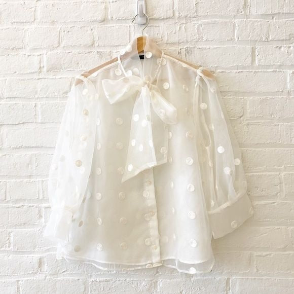 Zara || Sheet Polka Dot Shirt Pussybow Bow Blouse Tie Neck White Large