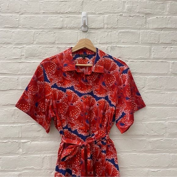 Brooks Brothers x Zac Posen || Red Poppy Floral Belted Shirt Dress Fit Flare 16