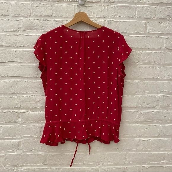 Rails || Bretton Top V-Neck Ruffle Hem Peplum Polka Dot Blouse Red Medium