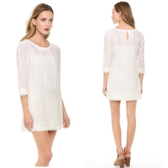 Pam & Gela || Courtney Embroidered Cotton Mini Dress Shift Off White Cream M