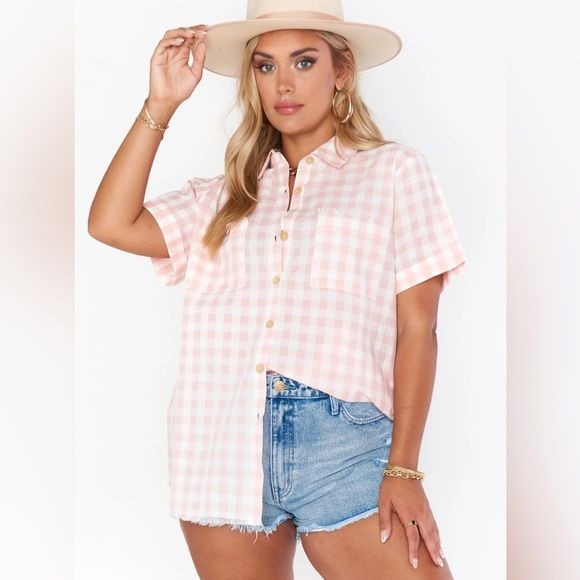 Show Me Your Mumu || Ciao Antonella Button Down Shirt Peach Gingham Raw Hem XL