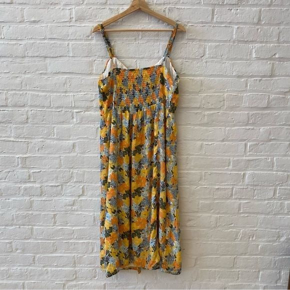 Abercrombie || Smocked Floral MIDI Dress Button Front Orange Yellow Large