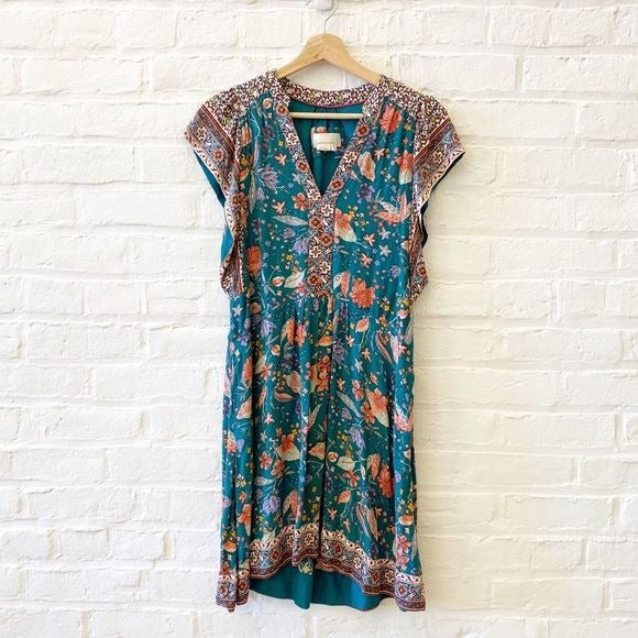 Anthropologie || Zenia Flutter Sleeve V-Neck Mini Dress Pockets Floral Teal XS