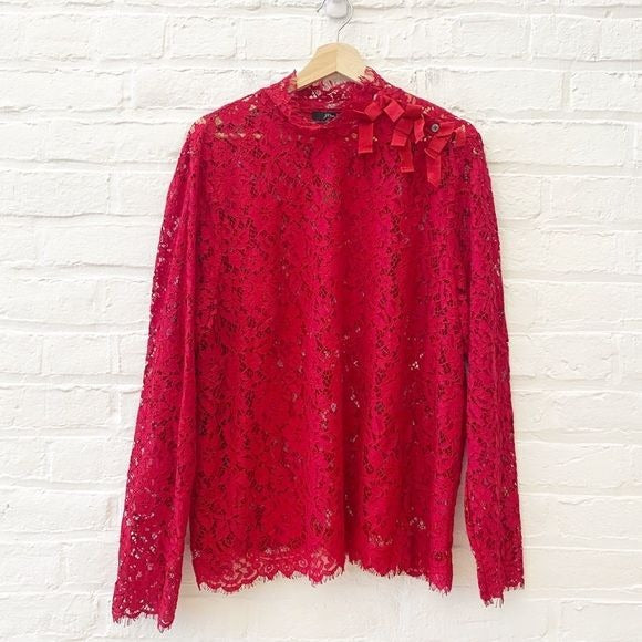 J. Crew || Mockneck Top in Floral Lace Bow Detail Holiday Party Red 20 NWT