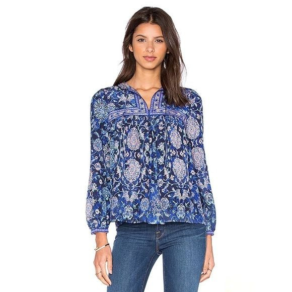 Rebecca Taylor || Silk Dreamweaver Top Long Sleeve Indigo Combo Blue Pink 0