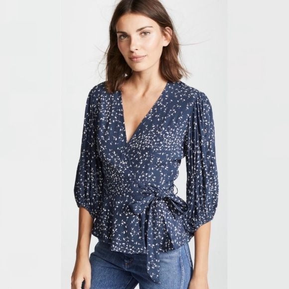 Ganni || Barra Crepe Wrap Blouse Top in Total Eclipse Navy 40 US 8